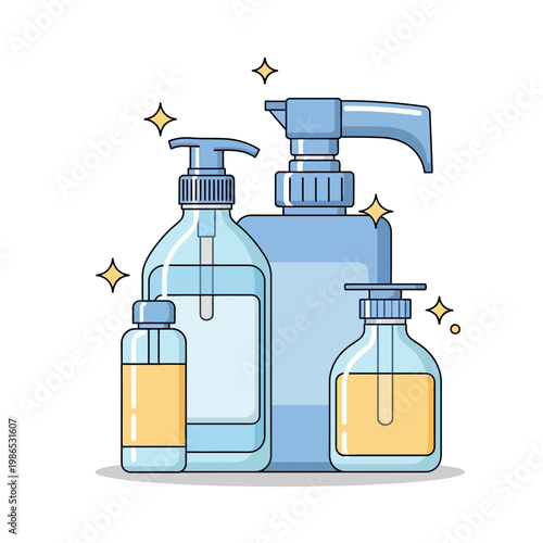 Vector illustration of blue hygiene bottles including hand sanitizer pump dispenser, liquid soap, and spray bottle with yellow liquid, clean sparkling icons on white background.