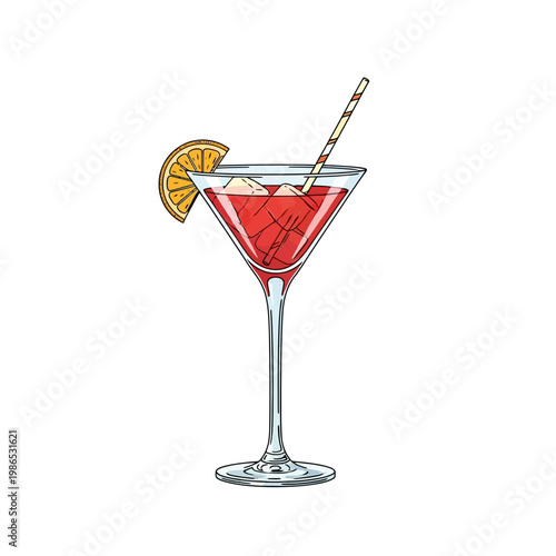 Vector illustration of a red cosmopolitan cocktail served in a tall martini glass with ice cubes, garnished with an orange slice and a striped paper straw, isolated on white background.