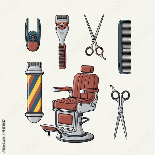 Vector illustration of vintage barber shop tools and equipment featuring a classic hydraulic chair, professional hair shears, electric clippers, a comb, and a striped barber pole.
