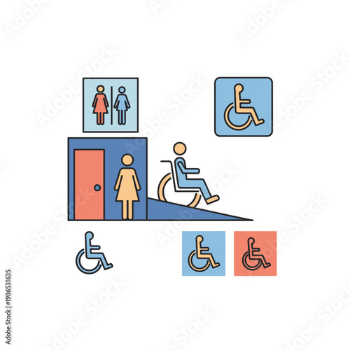 Vector illustration set featuring accessibility icons including a person in a wheelchair using a ramp to access a building, gendered restroom signs, and universal disability symbols.