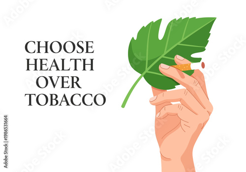 Vector illustration of a hand holding a green leaf instead of a cigarette, promoting health over tobacco
