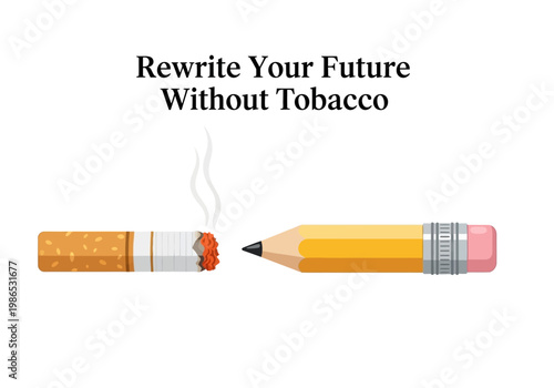 Vector illustration of a cigarette being extinguished by a pencil, symbolizing quitting tobacco and rewriting your future