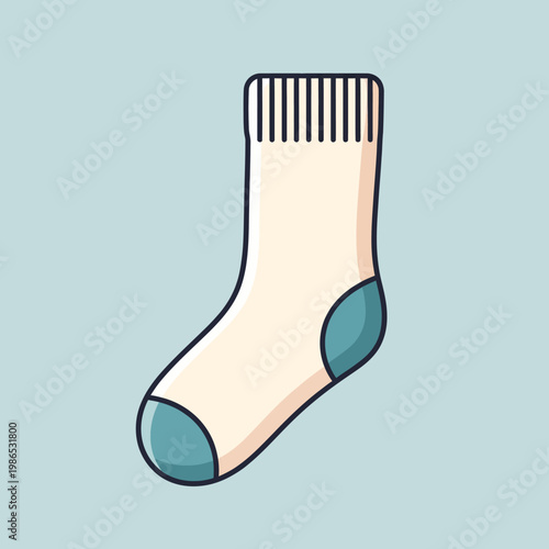 Single cream-colored cotton sock illustration with teal blue heel and toe reinforcement, featuring a ribbed cuff at the top, isolated on a pale blue background in a flat design style.