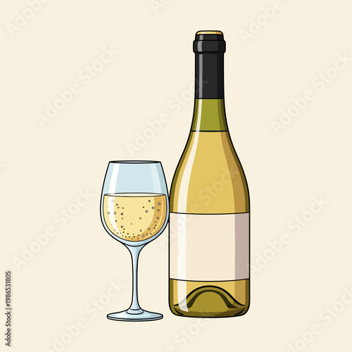 Vector illustration of a white wine bottle with a blank label standing next to a stemmed glass of sparkling moscato wine with bubbles, isolated on a light beige background.