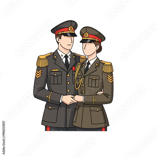 Vector illustration of a military man and woman in formal dress uniforms standing together and holding hands, featuring ceremonial peak caps and fringed epaulettes.