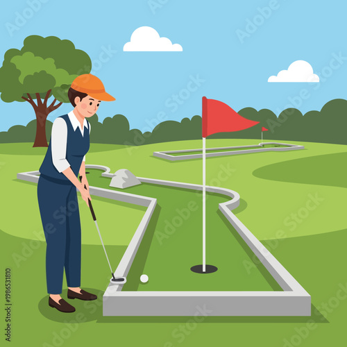 Flat vector illustration of a young woman wearing an orange cap and blue vest playing mini-golf on a green outdoor course with a red flag, white ball, putter, and background trees.