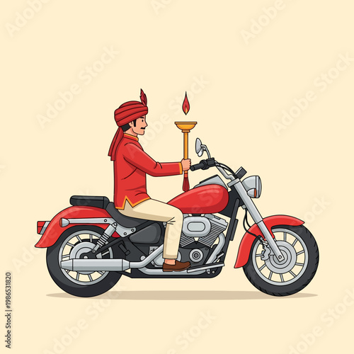 Vector illustration of a man in traditional Indian red attire and turban sitting on a red cruiser motorcycle holding a lit ritual lamp or torch for a blessing ceremony on a plain background.