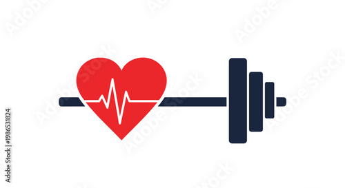 Flat vector illustration of a red heart with a white heartbeat line across it integrated into a heavy black barbell.