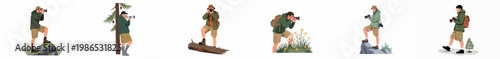 Set of illustrations showing male nature photographers in various outdoor environments like mountains, forests, and fields, capturing wildlife and landscapes with professional cameras.
