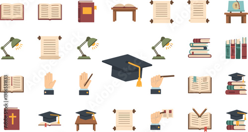 Education and Graduation Icon Set with Books Diploma Certificate Study Lamp and Academic Elements Illustration Collection