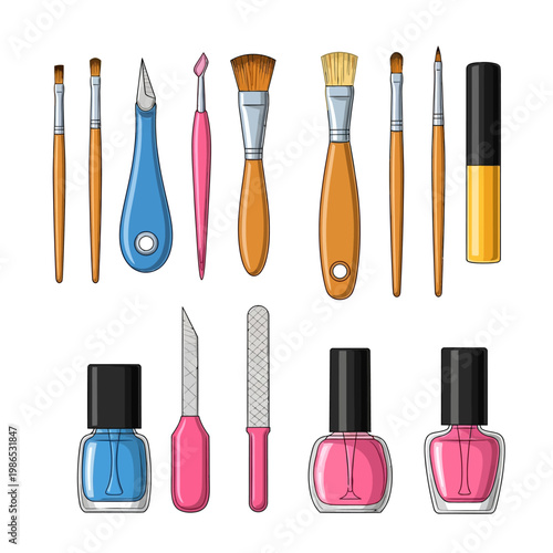 Vector illustration of professional manicure tool set including assorted nail polish bottles, cuticle pushers, metal files, and various detail paint brushes on white background.