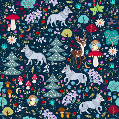 Wolves, deer and hedgehogs in fairytale night  forest with trees, flowers, mushrooms. Seamless pattern with woodland animals. Cute vector design.