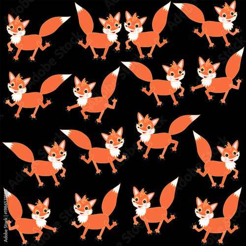 Seamless pattern with cute foxes on black background. 
