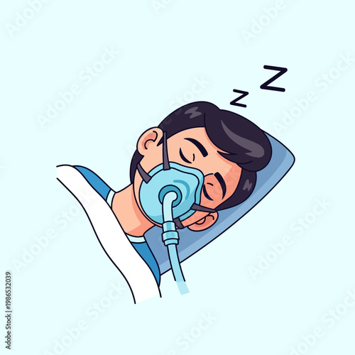 Vector illustration of a man asleep on a pillow wearing a continuous positive airway pressure CPAP mask with air hose to treat obstructive sleep apnea respiratory disorder.