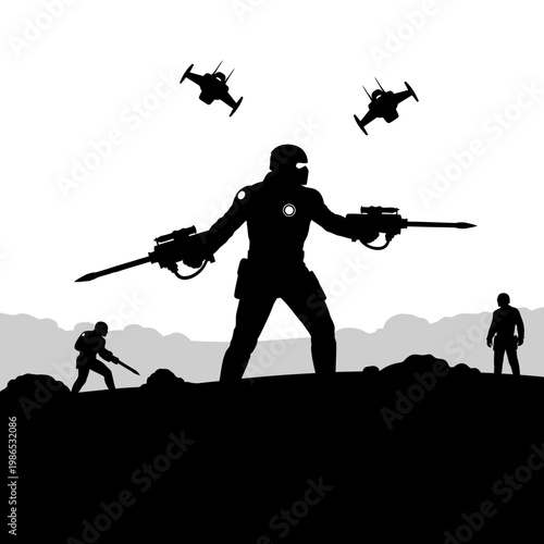 Silhouette illustration of a futuristic space soldier dual wielding large rifles on a desert planet surface with infantry figures and starships flying in a light sky.