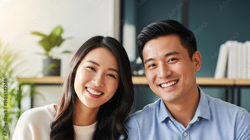 Fototapeta premium Happy smiling young Asian couple sitting together in modern office environment with bright natural light and green plants creating a cheerful professional atmosphere for teamwork and success