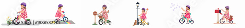 Set of illustrations depicting a young girl in a floral dress and purple helmet enjoying different outdoor activities on her tricycle.