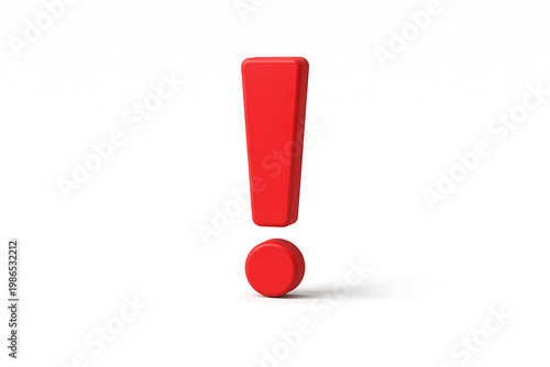 Vibrant red 3D exclamation mark symbol stands out on a clean white background, signifying warning, importance, or attention required for crucial information and notifications across various platforms