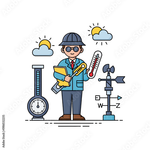Meteorologist vector illustration featuring a weather observer character with tools including a large thermometer, anemometer, wind vane, barometer, and climate data clipboard.