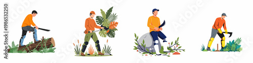 Set of illustrations depicting professional forest workers clearing tropical jungle vegetation with machetes and axes in protective gear.