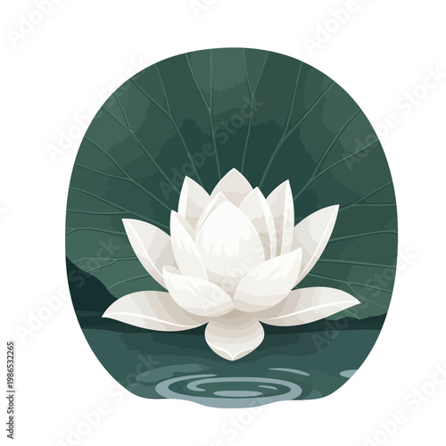 Minimalist digital illustration of a blooming white lotus flower floating on dark green water with circular ripples, set against a large textured green lily pad background.