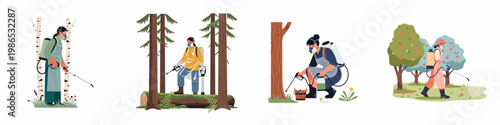 Flat illustration set of professional workers in protective gear spraying trees in forests and orchards for pest control and plant maintenance.