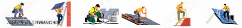 Set of flat illustrations showing professional technicians installing solar panels on various roofs and performing maintenance for sustainable energy solutions.