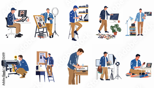 Vector flat illustration set of a professional male photographer and digital editor performing various studio and post-production tasks.
