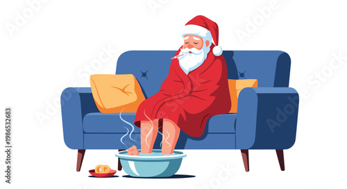Illustration of sick Santa Claus sitting on a blue sofa wrapped in a red blanket with a thermometer in his mouth soaking his feet in a basin.