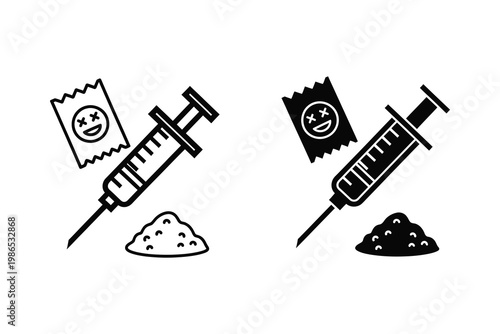Drug syringe with powder and smiley face packet, vector illustration