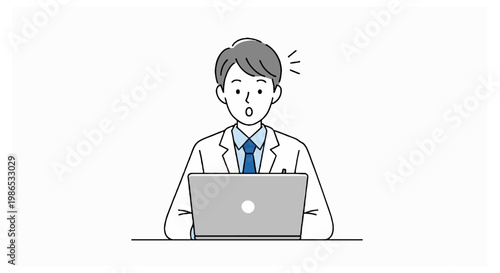 A colored line drawing of a male doctor in a white lab coat sitting in front of a laptop computer with a surprised expression on his face.