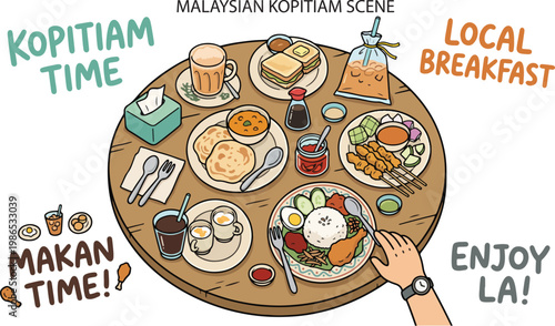 Malaysian Kopitiam Scene Table Food & Drinks Local Breakfast, Illustration Doodle Cartoon Collection