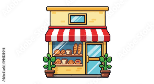 A charming pixel art illustration of a small bakery storefront with a red and white awning, display window filled with bread, and potted plants.