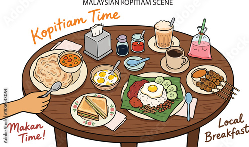Malaysian Kopitiam Scene Table Food & Drinks Local Breakfast, Illustration Doodle Cartoon Collection