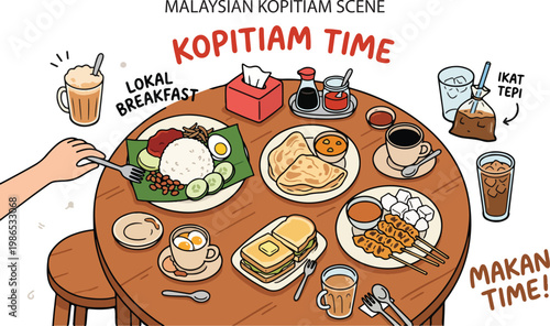 Malaysian Kopitiam Scene Table Food & Drinks Local Breakfast, Illustration Doodle Cartoon Collection