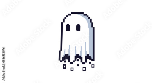 Simple pixel art illustration of a white floating ghost with black eyes and a digital disintegration effect at the bottom on a white background.