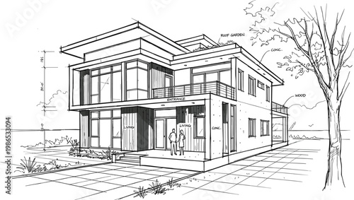 Luxury modern villa exterior with spacious balcony, glass walls and landscaped surroundings in detailed architectural line vector illustration