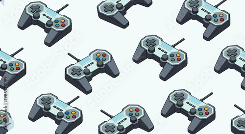 Isometric pattern of grey video game controllers with colored buttons on a light blue background for gaming culture and tech enthusiasts.