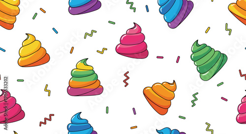 Playful seamless pattern of colorful rainbow poop swirls with small confetti shapes on a white background for fun and humorous gift wrap designs.