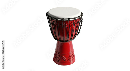 A red djembe drum with a white head on transparent background