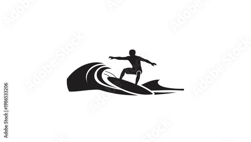 Dynamic monochrome vector illustration showcasing a surfer skillfully riding a powerful ocean wave, embodying the thrill and freedom of extreme water sports and coastal lifestyle