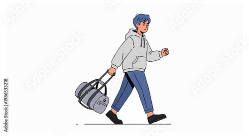 A cartoon character of a young man with blue hair walking while pulling a rolling grey duffel bag on a white background in a profile view.