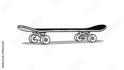 Black and white illustration of a skateboard with four wheels and trucks, perfect for graphic design and sports-related content