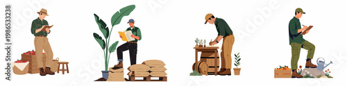 Set of flat vector illustrations featuring male agronomists and farmers recording inventory and managing agricultural products like fruits, plants, and seedlings.