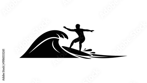 Dynamic Surfer Riding Ocean Wave Silhouette Icon - A Captivating Symbol of Adventure, Sport, and Coastal Lifestyle for Logos and Graphics