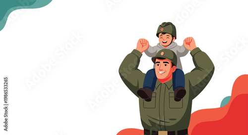 Happy soldier in uniform carrying a smiling young child on his shoulders against a white background with colorful abstract accents.