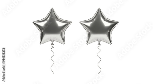 Two shiny silver star-shaped balloons floating on a transparent background