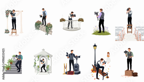 Collection of professional wedding videographers and photographers capturing special moments in various elegant settings like gazebos, ceremonies, and balconies.