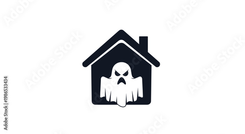 Black silhouette of a simple house icon with a white angry ghost inside representing a haunted home or spooky dwelling on a white background.