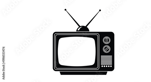 Graphic black and white illustration of a classic retro television set with an antenna and manual dial knobs on a plain white background.